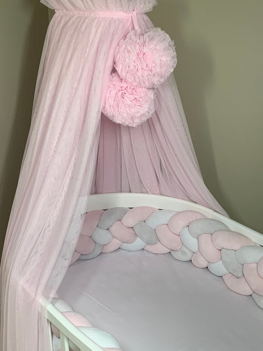 SOVFLÄTA/SPJÄLSKYDD FYRFLÄTAD 360CM LJUSROSA, LJUSGRÅ & VIT